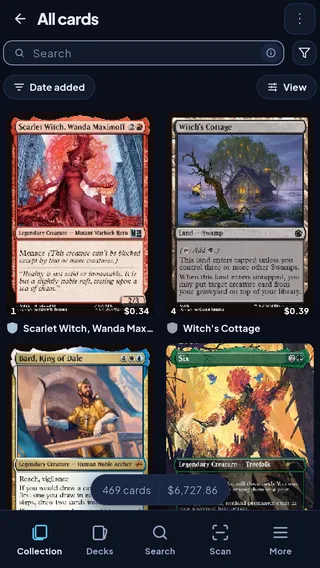 The All cards screen: a grid of card pictures with their prices.