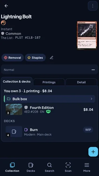 The card page of Lightning Bolt: its set and collector number, its tags, and the copies you own with their folder and value.