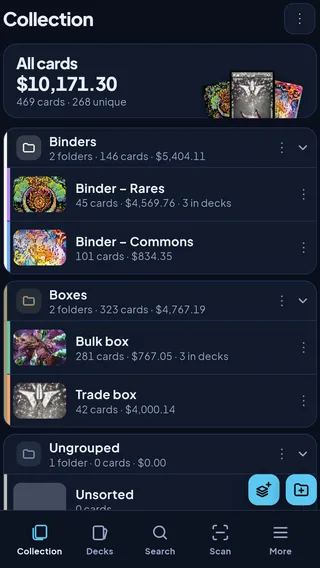 The Collection screen: the total value of all cards, then binders and boxes, each with its card count and value.