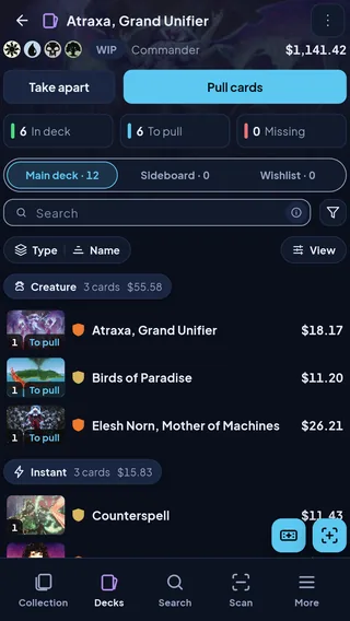 A Commander deck: how many cards are in the deck, to pull and missing, then its cards grouped by type with their prices.