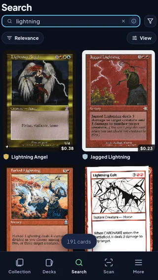 Search results for lightning: a grid of matching cards.