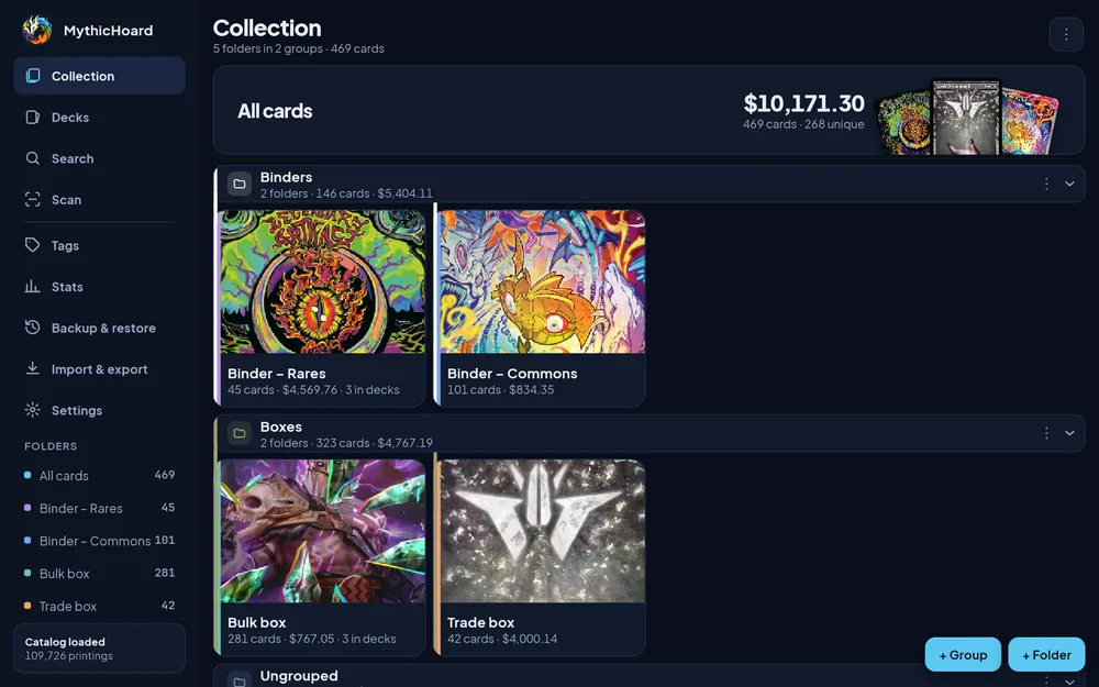 MythicHoard on Windows: the Collection screen with the navigation on the left, the total value of all cards, and binders and boxes shown with their cover pictures, card counts and values.